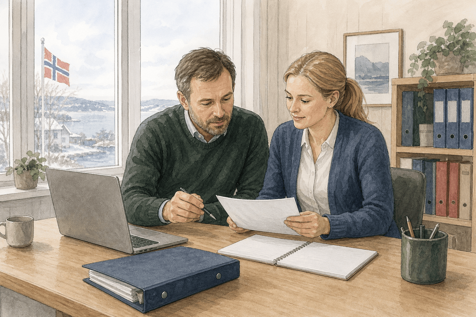 Illustrasjon av en norsk småbedrift og regnskapsrådgiver som forbereder årsavslutning i et lyst skandinavisk kontor