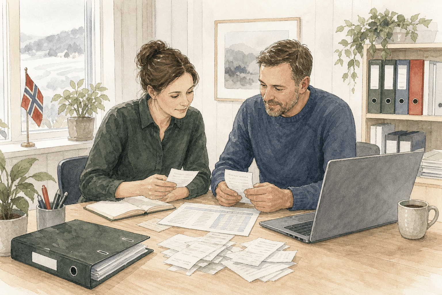 Illustrasjon av en norsk småbedrift og regnskapsrådgiver som avstemmer bank mot bilag i et lyst skandinavisk kontor