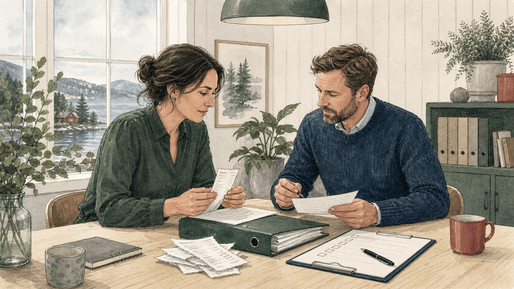 Illustrasjon av en bedriftseier og en regnskapsrådgiver som går gjennom bilag og sjekkliste i et nordisk møterom