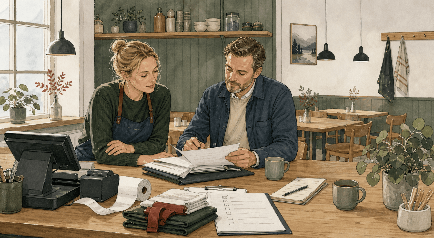 Illustrasjon av et lite norsk serveringssted der eier og regnskapsrådgiver går gjennom dagsoppgjør, bilag og timelister i nordisk morgenlys