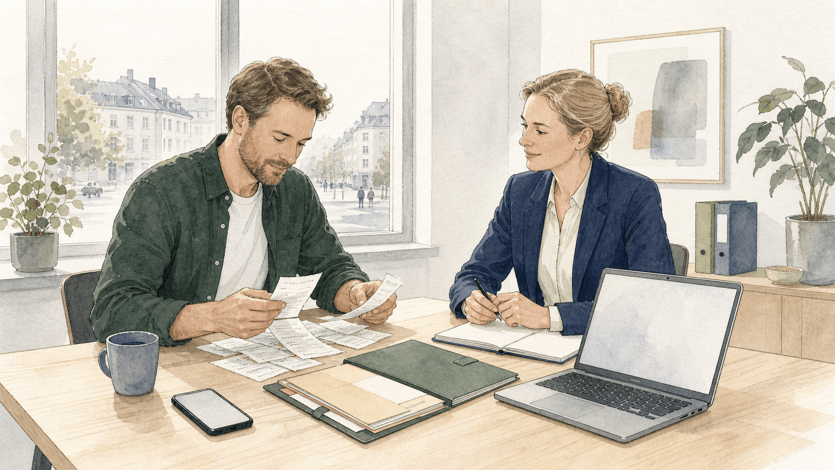 Illustrasjon av en norsk arbeidsgiver og regnskapsrådgiver som sorterer reiseregninger og utlegg i et lyst skandinavisk kontor